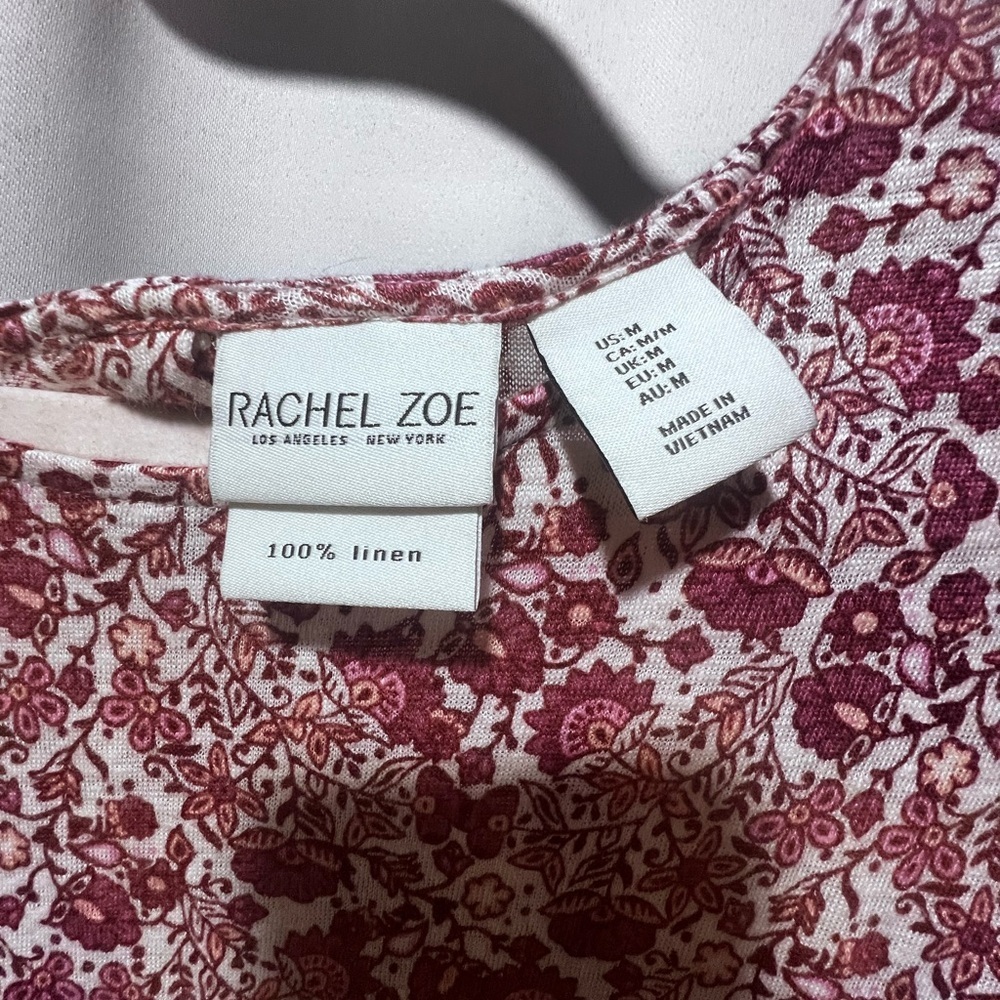 Rachel Zoe 100% Linen Floral Blouse Medium Burgundy Button Back Top - Picture 6 of 7